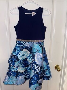 Rare Editions Navy Blue Floral Flare Dress with Sparkle Waistband Girls Size 14